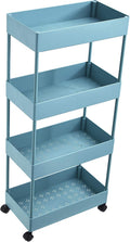 4-Tier Plastic Storage Organizer Rolling Cart with Slim Shelves in Blue
