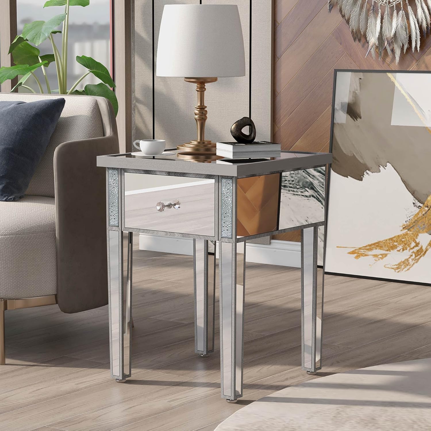 Modern Glass Mirrored End Table with Drawer, Silver V735