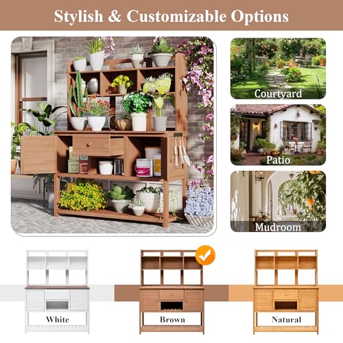Outdoor Wooden Potting Bench Table with Drawers and Storage Shelves C672480