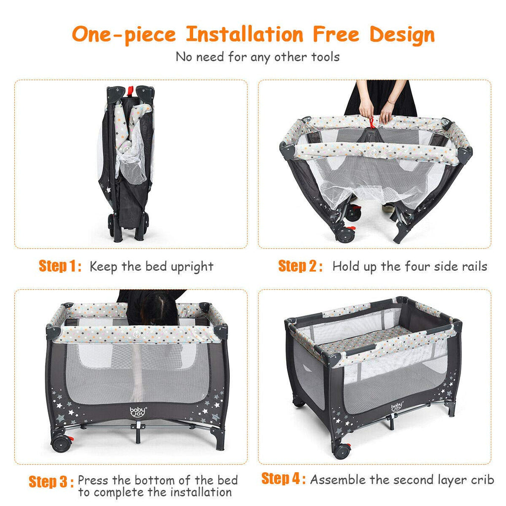 HONEY JOY Pack and Play, Foldable Baby Playard with Bassinet, Gray D272491