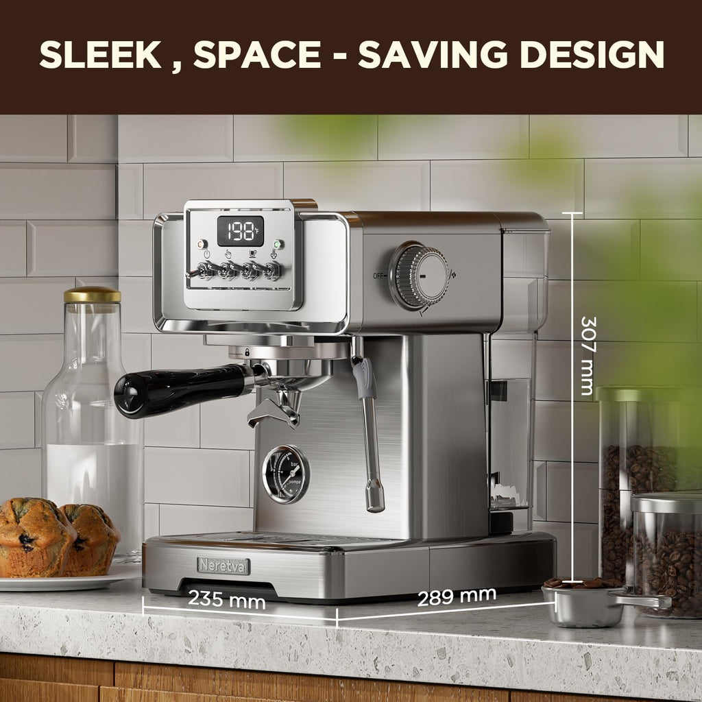 Neretva Espresso Machine, 15 Bar LCD Display, Stainless Steel with Milk Frother L295313