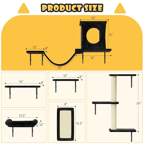 NUNU LAB Wall Mounted Cat Furniture, 7 Pcs Cat Wall Shelves with House, Gray T582052