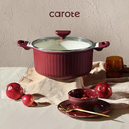 CAROTE 12pcs Pots and Pans Set Non Stick Granite Cookware, Dark Red A382831