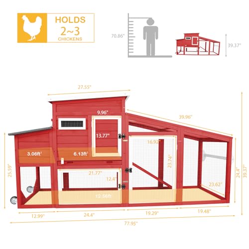 78" Wooden Chicken Coop with Nesting Wheels, Outdoor Hen House, White/Red C20684