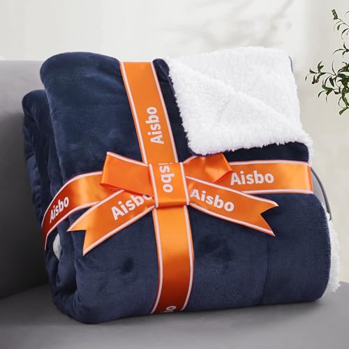Aisbo Warm Throw Blanket Queen - Extra Thick Sherpa Flannel Reversible Dark Grey 90x90 Inches H362466