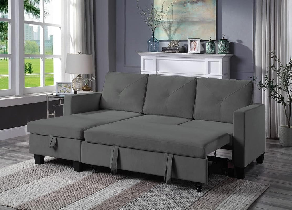 FANYE L-Shaped Reversible Corner Sectional Sofa with Pull Out Sleeper Bed, Dark Gray Velvet, 82.5" T7510