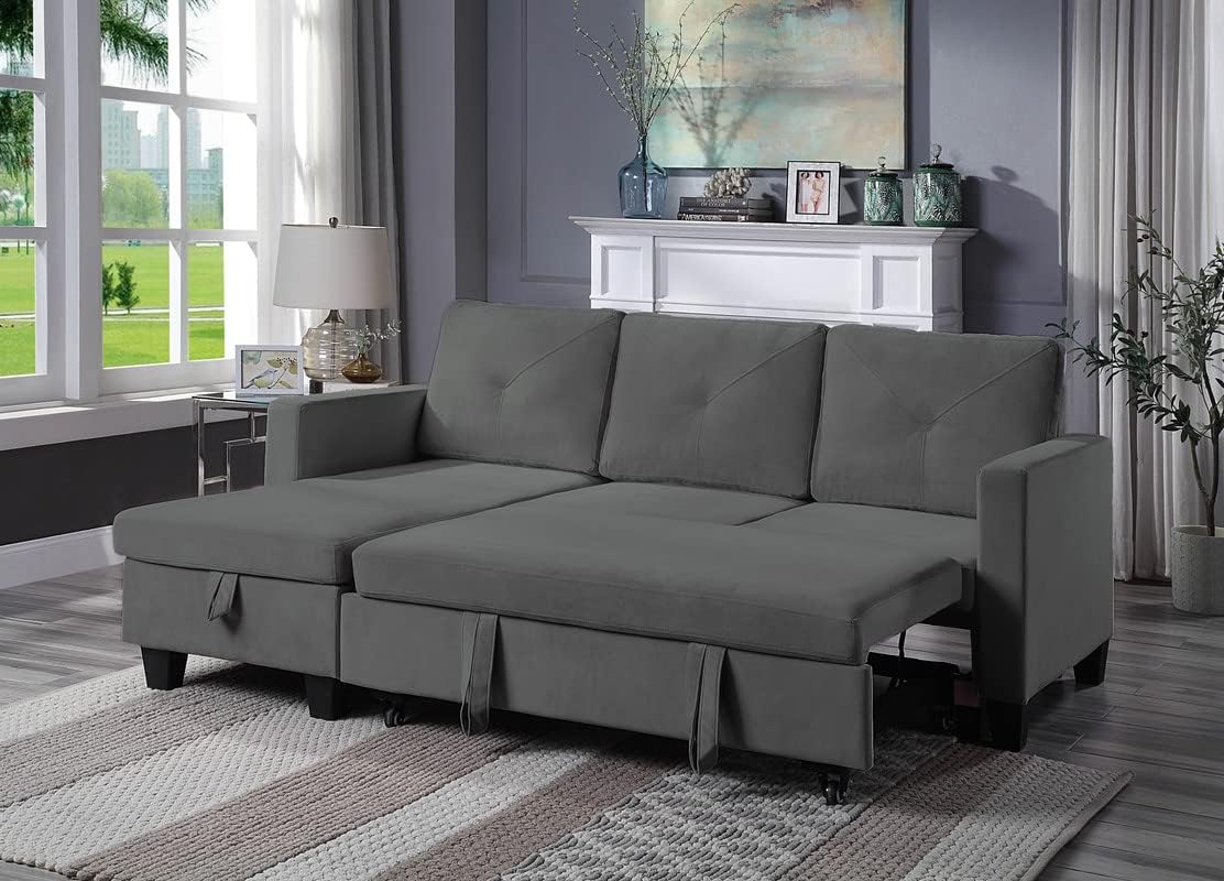 FANYE L-Shaped Reversible Corner Sectional Sofa with Pull Out Sleeper Bed, Dark Gray Velvet, 82.5" T7510