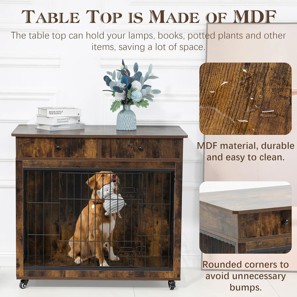 Yehha Cabinet Crate Furniture with Storage Drawer and Wheels, Wooden Dog Kennel, Brown D49834