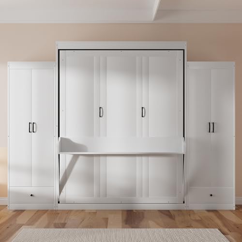 Queen Size Murphy Bed with Desk & Charging Station, White K505073