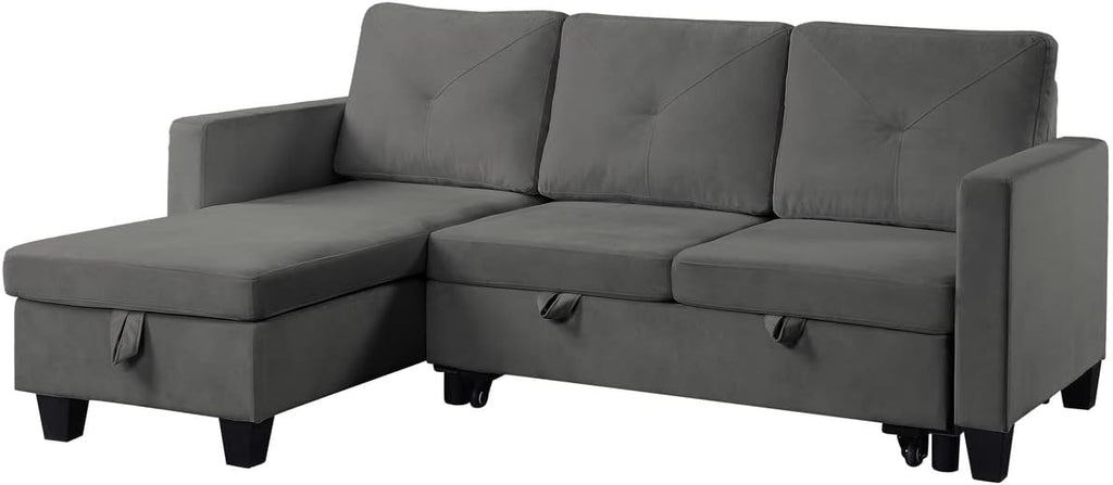 FANYE L-Shaped Reversible Corner Sectional Sofa with Pull Out Sleeper Bed, Dark Gray Velvet, 82.5" T7510