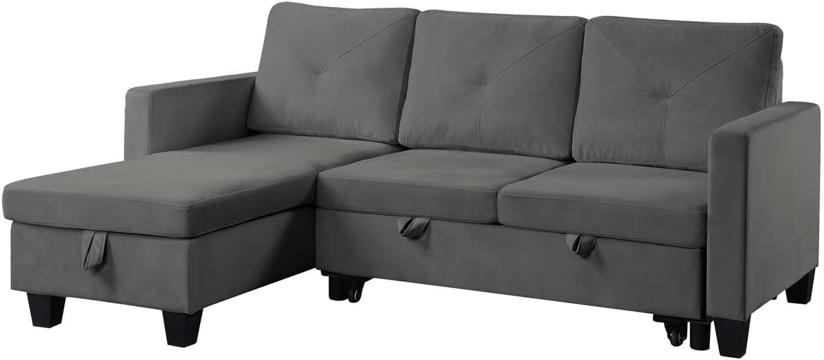 FANYE L-Shaped Reversible Corner Sectional Sofa with Pull Out Sleeper Bed, Dark Gray Velvet, 82.5" T7510