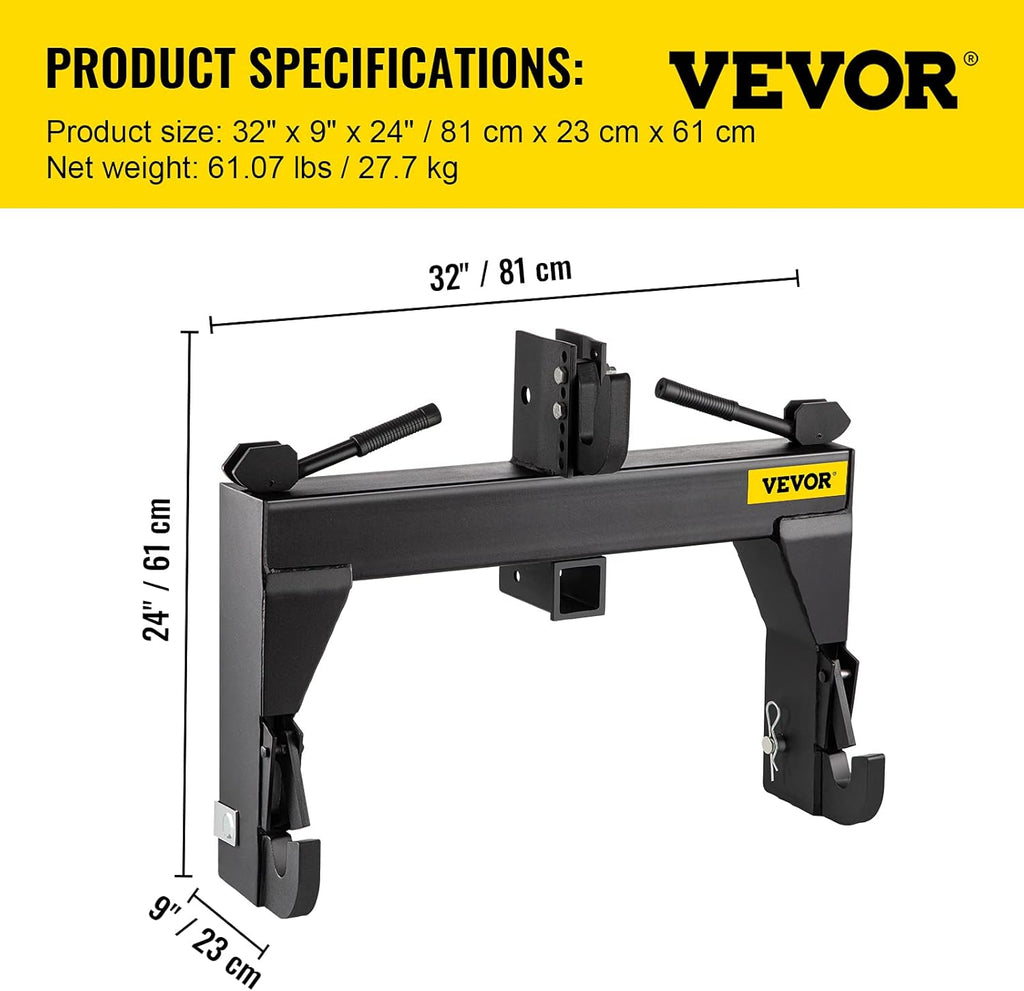VEVOR 3-Point Quick Hitch, 3000 LBS Lifting Capacity, Category 1 & 2 Tractor Attachment U6583