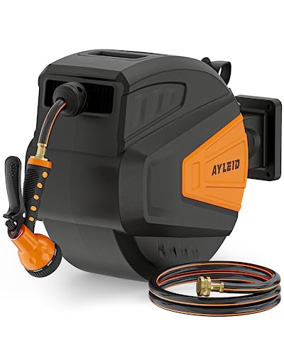 Ayleid Retractable Garden Hose Reel,1/2 in x 100 ft Wall Mounted Hose Reel, with 9- Function Sprayer Nozzle, Any Length Lock/Slow Return System/Wall Mounted/180°Swivel Bracket (Grey)