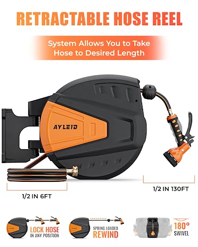 Ayleid Retractable Garden Hose Reel, 1/2 in x 100 ft, Wall Mounted, Grey Q139915