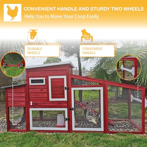 78" Wooden Chicken Coop with Nesting Wheels, Outdoor Hen House, White/Red C20684