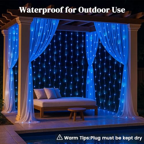 DomeStar 300 LED Fairy Curtain Lights, 9.8ft x 9.8ft, Battery Operated, Remote, Waterproof, Blue E40014