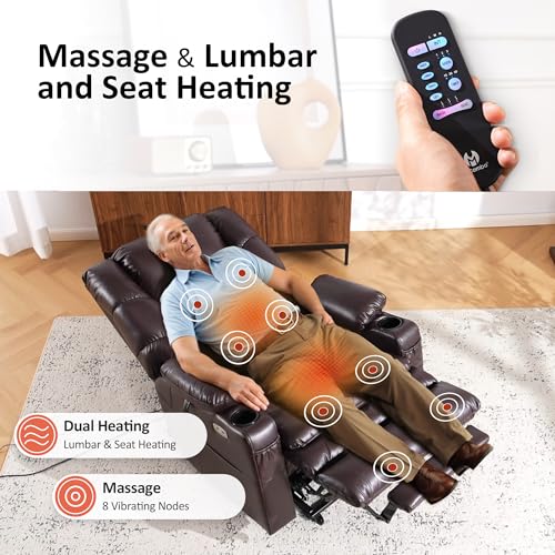 MCombo Large Triple Motor Power Lift Recliner Chair with Massage and Dual Heating, Faux Leather, Dark Brown X979