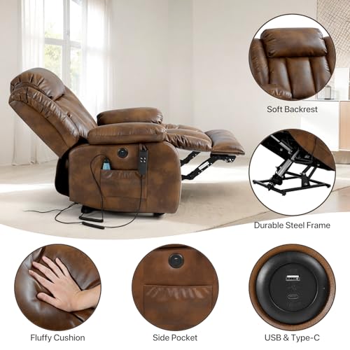 EDILLY Genuine Leather Power Lift Recliner Chair with Massage and Heating, Brown C901