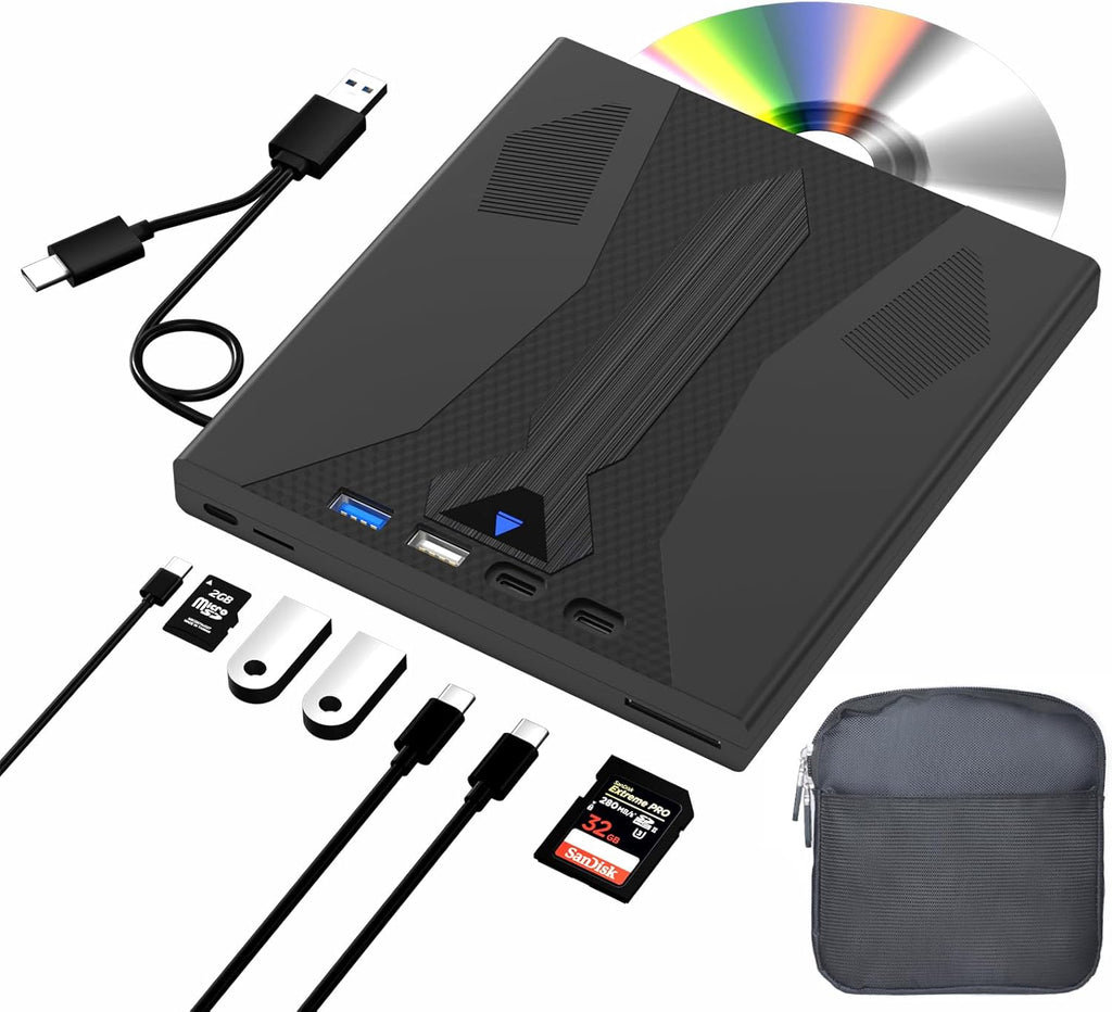 8 in 1 External Blu Ray Drive, USB 3.0 and Type-C Blu Ray Burner Portable Blu Ray DVD/CD/BD Player, Support 100G Disc 3D Optical Bluray Drive Compatible with Windows Macos for MacBook Laptop Desktop