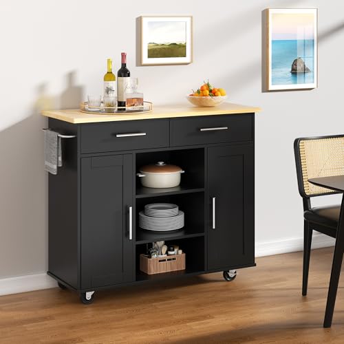 Shintenchi Kitchen Island with Drop Leaf, Rolling Cart with Storage, White T972