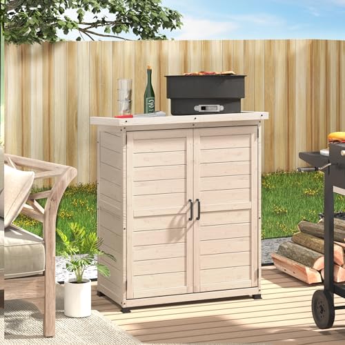 AECOJOY Outdoor Storage Cabinet with Waterproof Metal Tabletop and Removable Shelves, Beige B425
