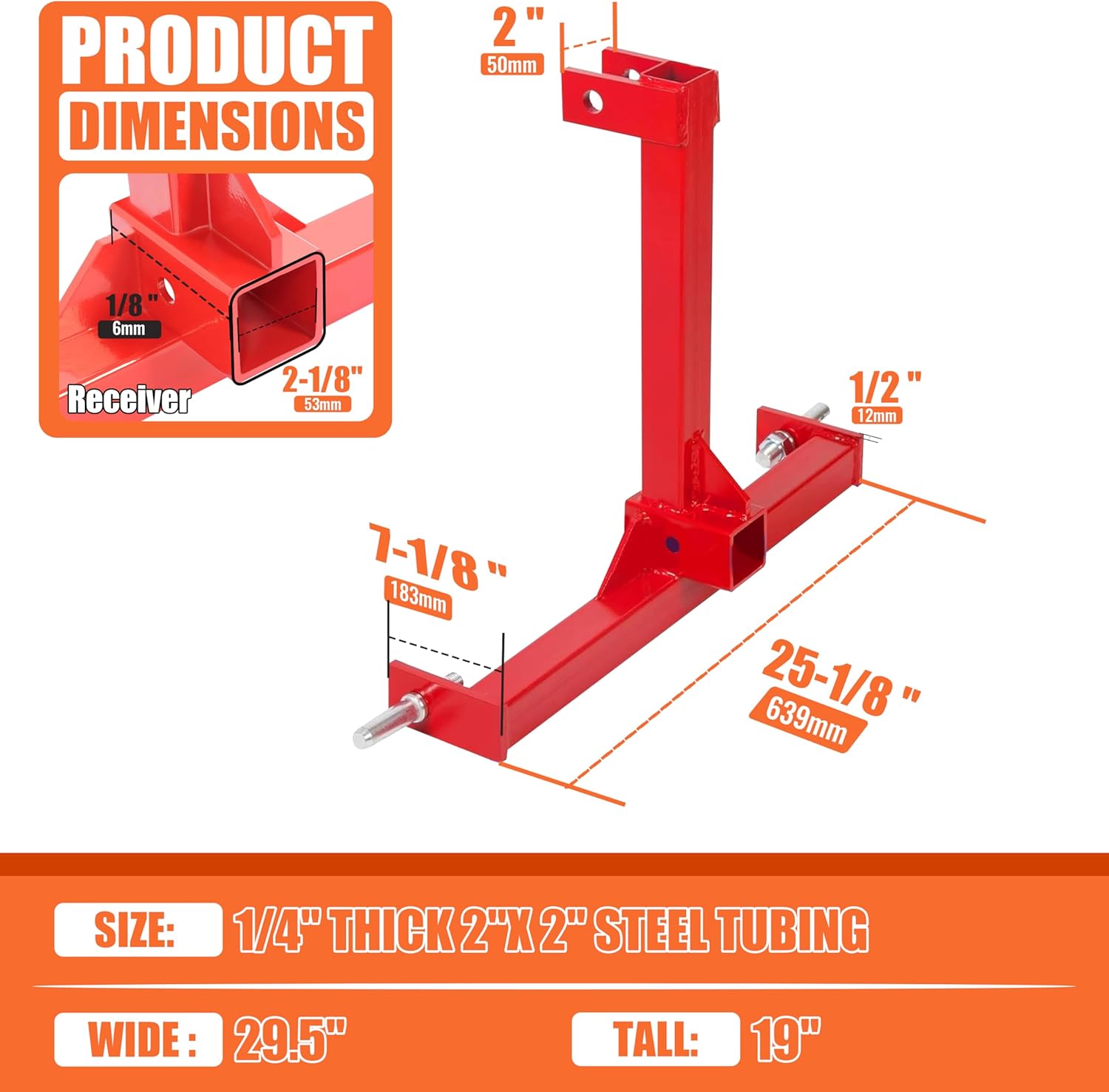 ECOTRIC 3 Point 2" Receiver Trailer Hitch Tractor Drawbar Adapter Red B72759
