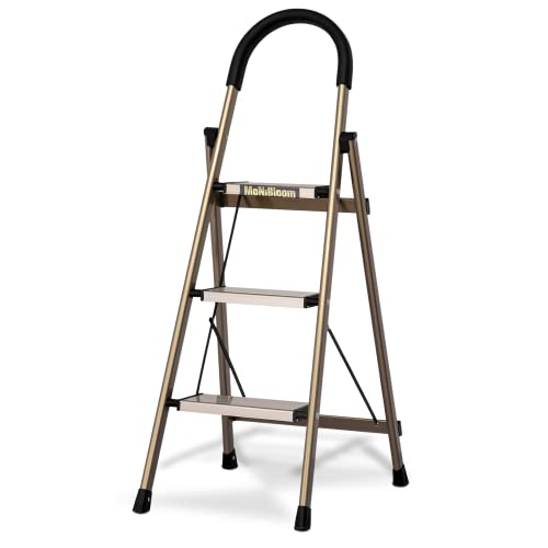 Magshion Aluminum 3-Step Ladder Folding Step Stool Stepladders with Padded Grip, Sturdy and Lightweight Portable Steel Step Stool for Home Kitchen, 331lbs Capacity, Gold