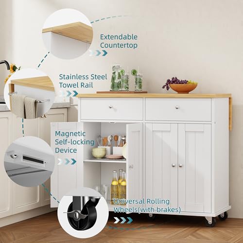 Shintenchi Kitchen Island with Drop Leaf, Rolling Cart with Storage, White T972