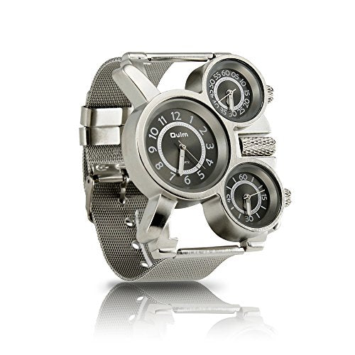 OCT17 Men's Military Quartz Analog Wrist Watch Stainless-Steel Metal Mesh Clock Strap Durable Sub Dials Multi Time Zone Chronograph for Man Oversize Gunmetal