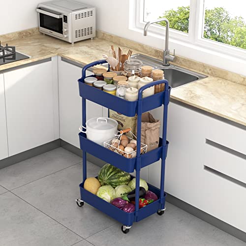 Sywhitta 3-Tier Plastic Rolling Utility Cart with Handle, Black F220270