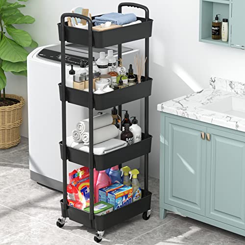Sywhitta 3-Tier Plastic Rolling Utility Cart with Handle, Black F220270
