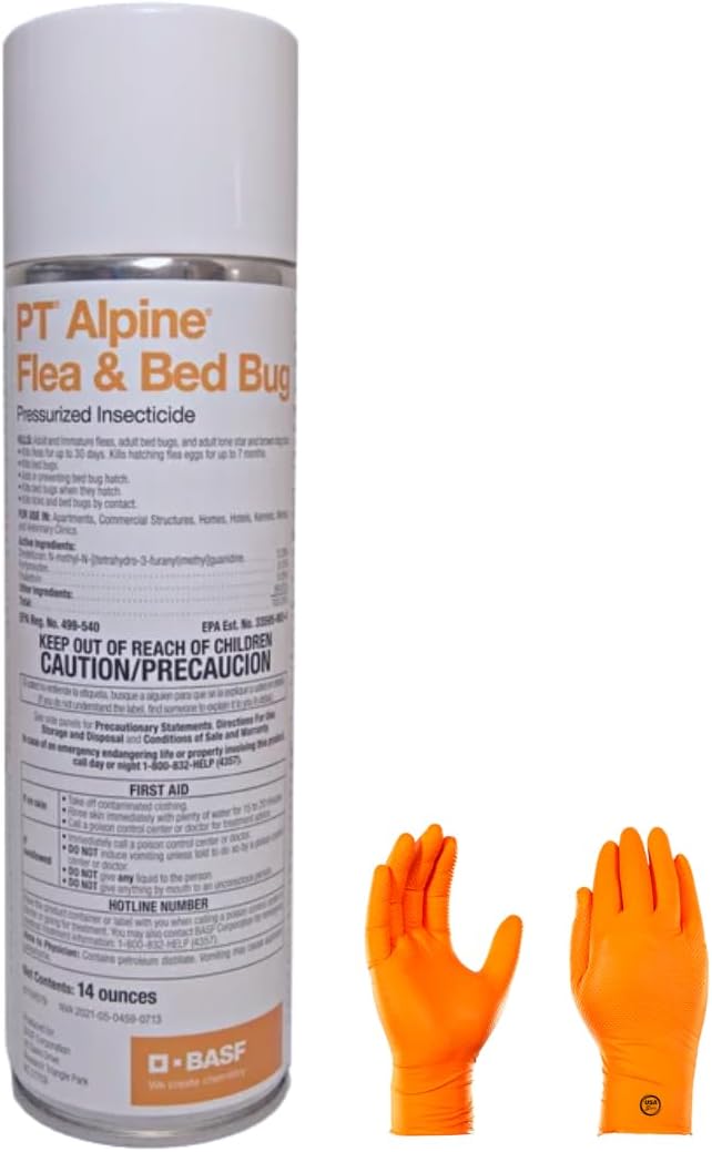 Alpine Flea & Bed Bug Pressurized Insecticide - Heavy Duty flea and Bed Bug Control with USA Supply Protective Gloves and Pest Identification Card