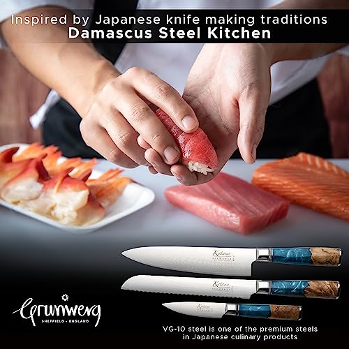 Grunwerg Katana Elements 9 Piece Knife Block Set, Damascus Steel Blades, Resin Handle, Green W8932