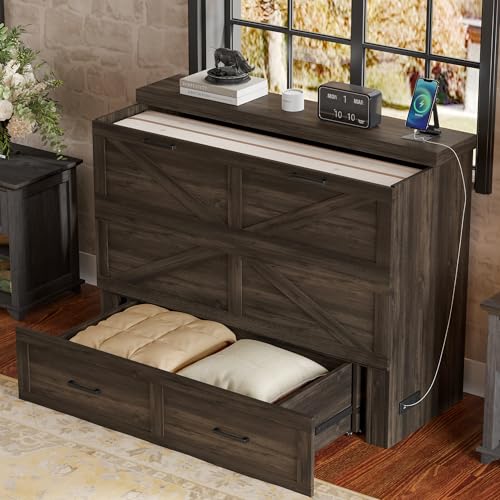 Murphy Cabinet Bed Frame with Charging Station, Full-Size Foldable Wall Bed Z526