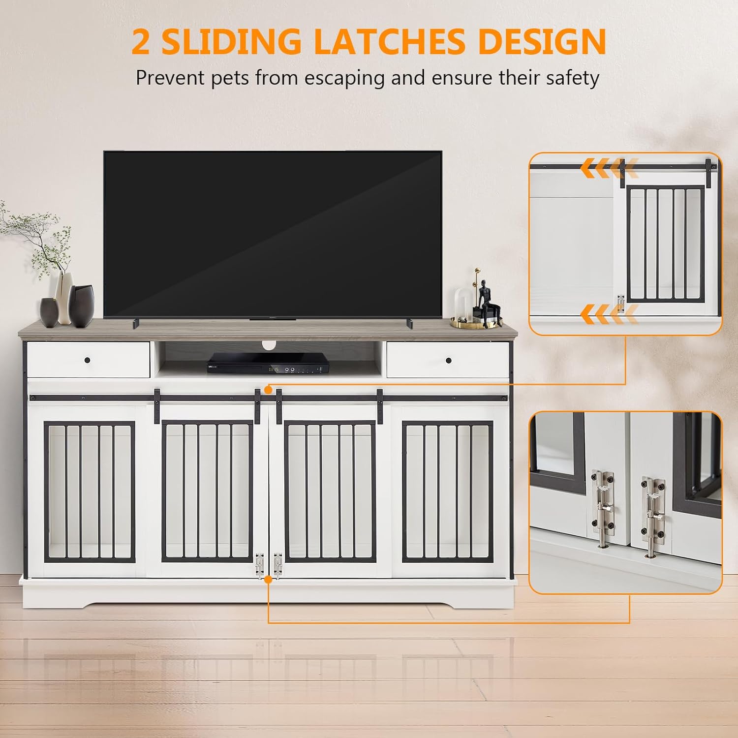3-in-1 66.1 Inch Double Dog Crate Furniture for Large Dogs, White F911