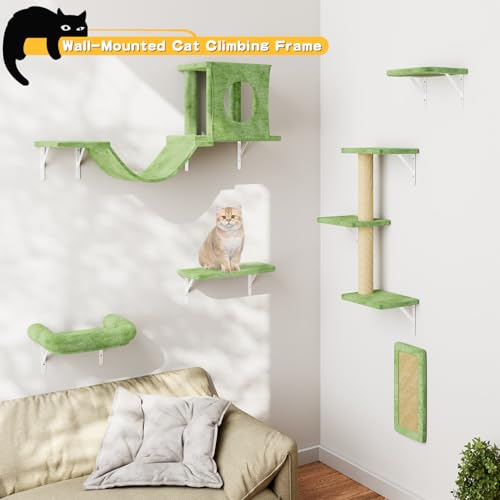 NUNU LAB Wall Mounted Cat Furniture, 7 Pcs Cat Wall Shelves with House, Gray T582052