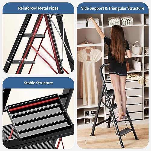 4 Step Ladder with Handgrip, Folding Aluminum Step Stool, 330lbs Capacity, Black R71948