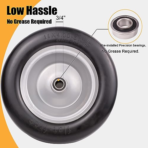 11x4.00-5 Flat Free Solid Lawn Mower Tires with Wheels and Bearings, 2 Pack N22379