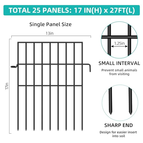 Animal Barrier Fence, 25 Panels, 17in x 27ft, Rustproof Metal Garden Fence G247