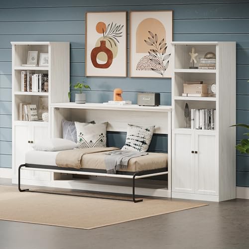 Merax Twin Murphy Bed with Storage Bookshelf and USB Charging, Rustic White U191604