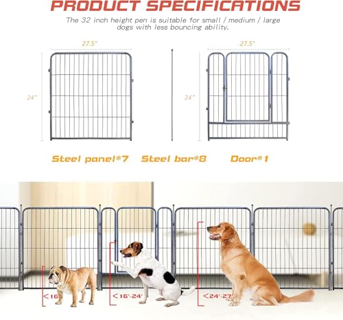 Dog Playpen 32 Inch Heavy Duty Folding Indoor Outdoor Pet Exercise Fence with Door for Large Medium Dogs H857