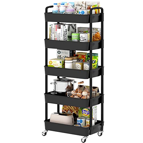 Sywhitta 3-Tier Plastic Rolling Utility Cart with Handle, Black F220270