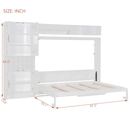 MERITLINE Queen Murphy Bed with Couch and Storage Shelves, LED Light, White J578
