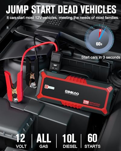 GOOLOO GP4000 4000A Peak Car Battery Jump Starter, Portable 12V Lithium Booster for Gas or Diesel Engines, Red P92977