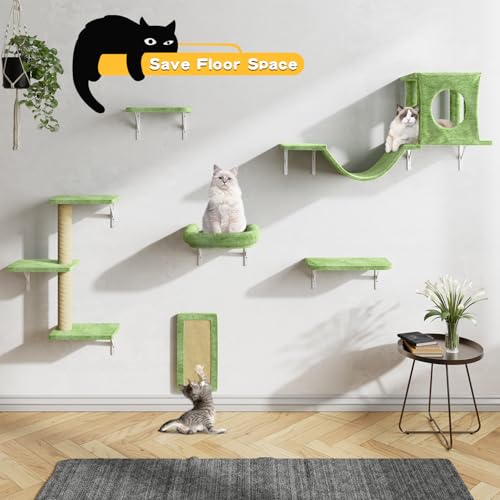 NUNU LAB Wall Mounted Cat Furniture, 7 Pcs Cat Wall Shelves with House, Gray T582052