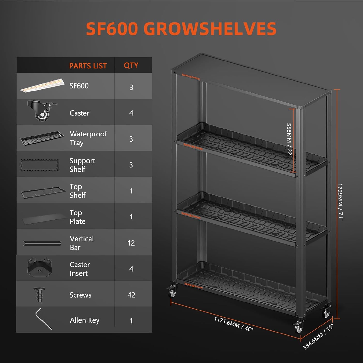 Spider Farmer SF600 Growshelves LED Grow Light Plant Stand 3 Tier with Wheels S4800