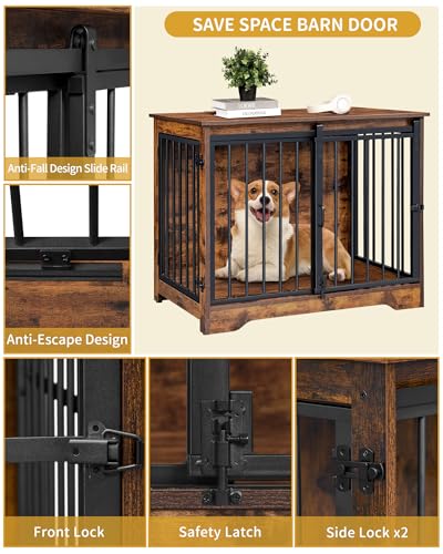 Dog Crate Furniture with Barn Door for Small Medium Dogs, Rustic Brown P911