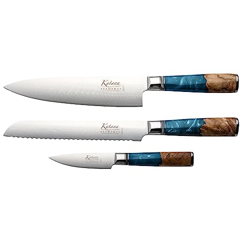 Grunwerg- Katana Elements 9 Piece Knife Block Set : 8 Japanese Quality Specialty Knives, Premium Damascus Steel Blades, Unique Resin Handle, Green