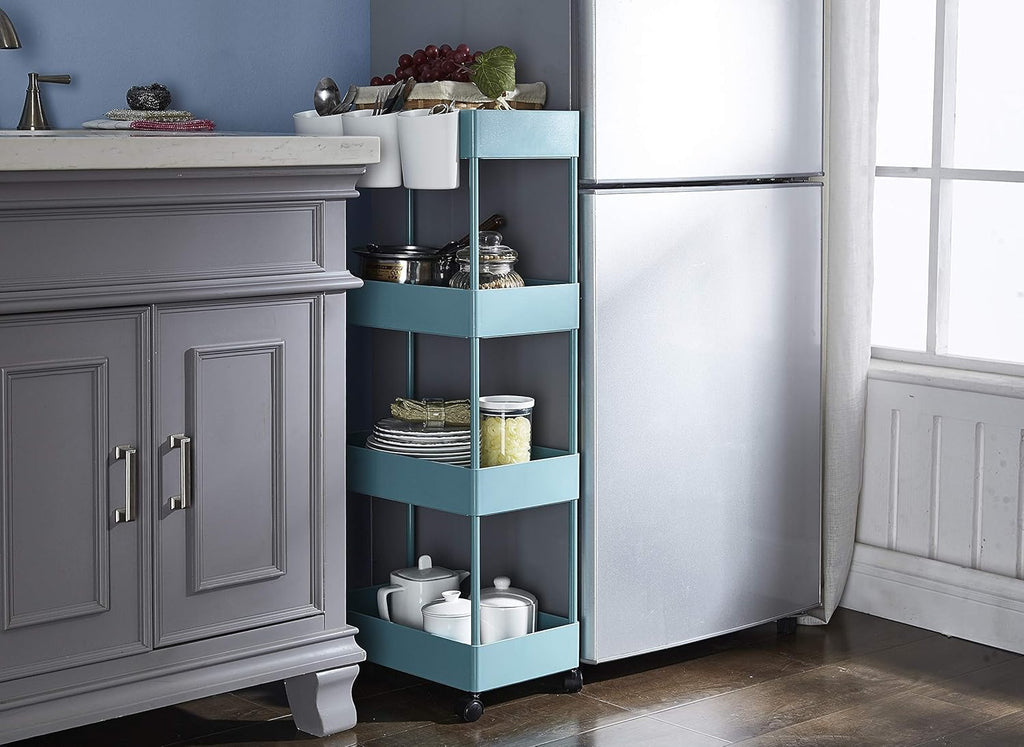 4-Tier Plastic Rolling Storage Cart with Slim Shelves, Blue N270