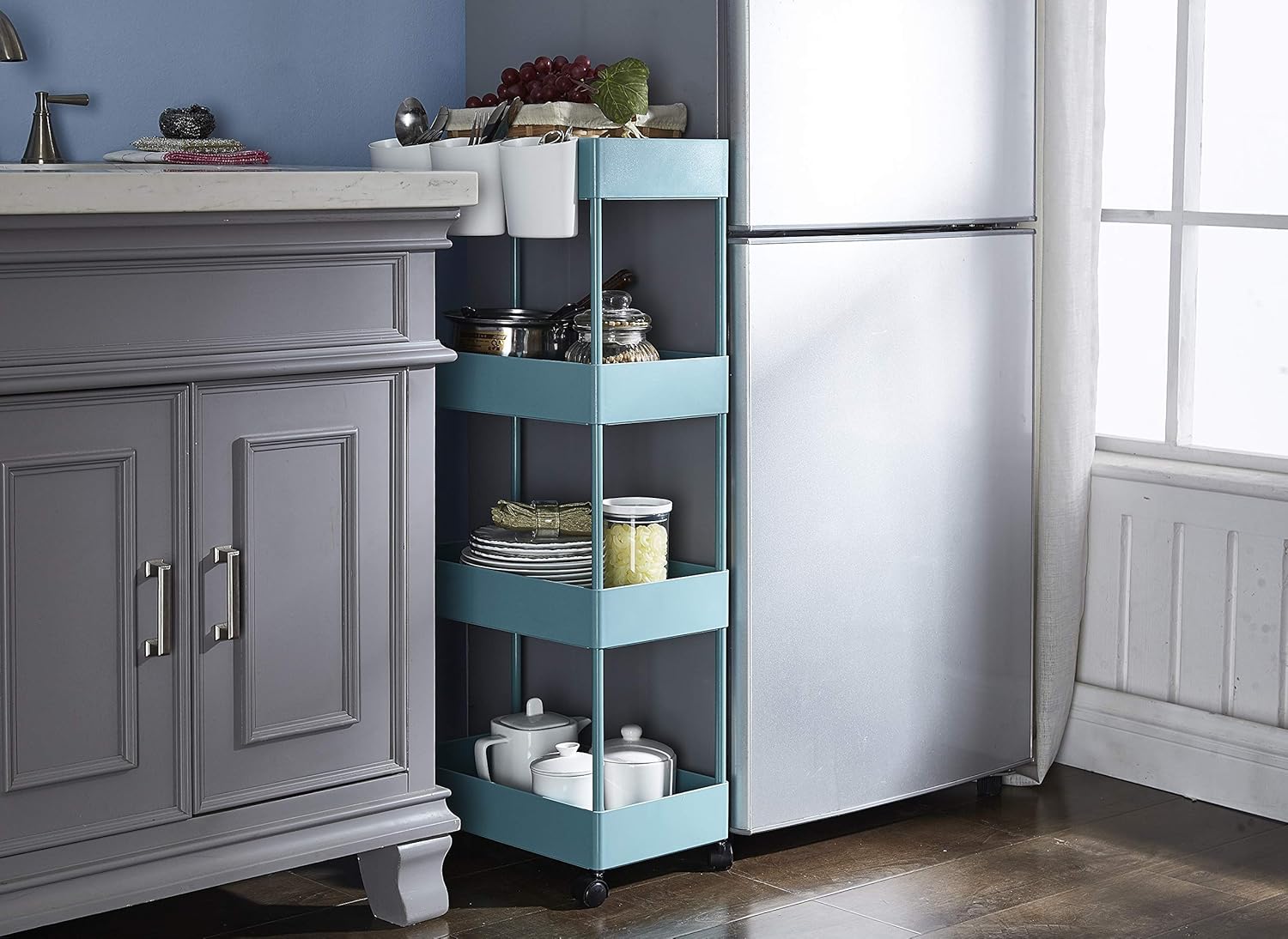 4-Tier Plastic Rolling Storage Cart with Slim Shelves, Blue N270